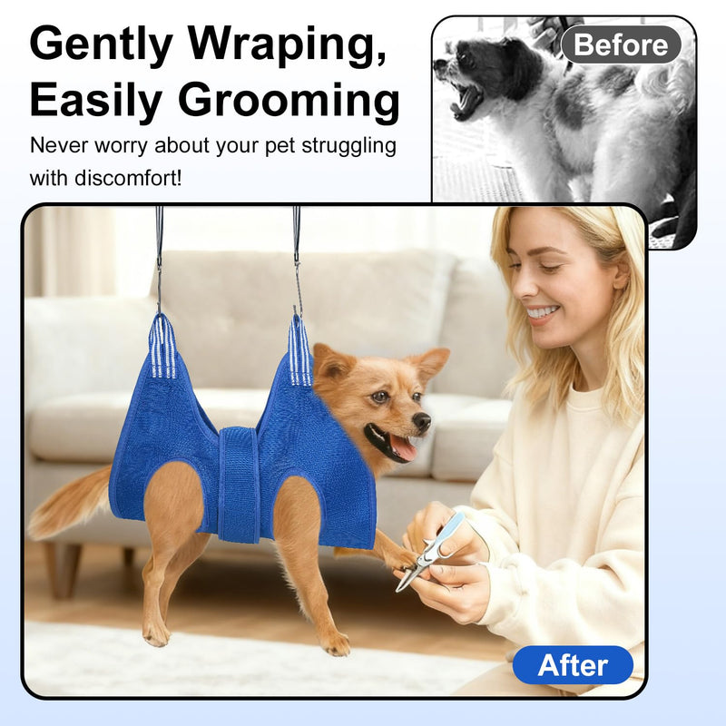 Dog Grooming Hammock Kit, MACUNIN Upgraded Pet Grooming Harness with Adjustable Velcro Widen Strap, Dog Grooming Hammock Pet Supplies for Dog Cat Claw Care, Grooming, Bathing, Nail Trimming Medium 2nd Generation-Blue - PawsPlanet Australia