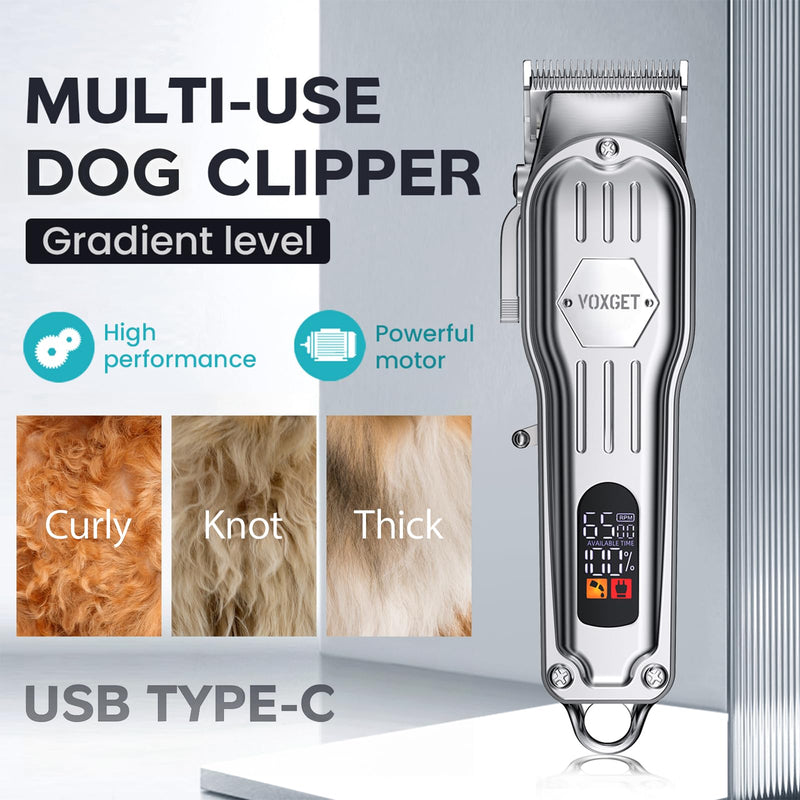 Dog Clippers for Grooming Thick Hair, Upgrade Low Noise Pet Shaver with 8 Size Detachable Combs for Heavy Curly Hair, Rechargeable Metal Blade Clipper Grooming Kit for Dogs Animals (Silvery) Silver