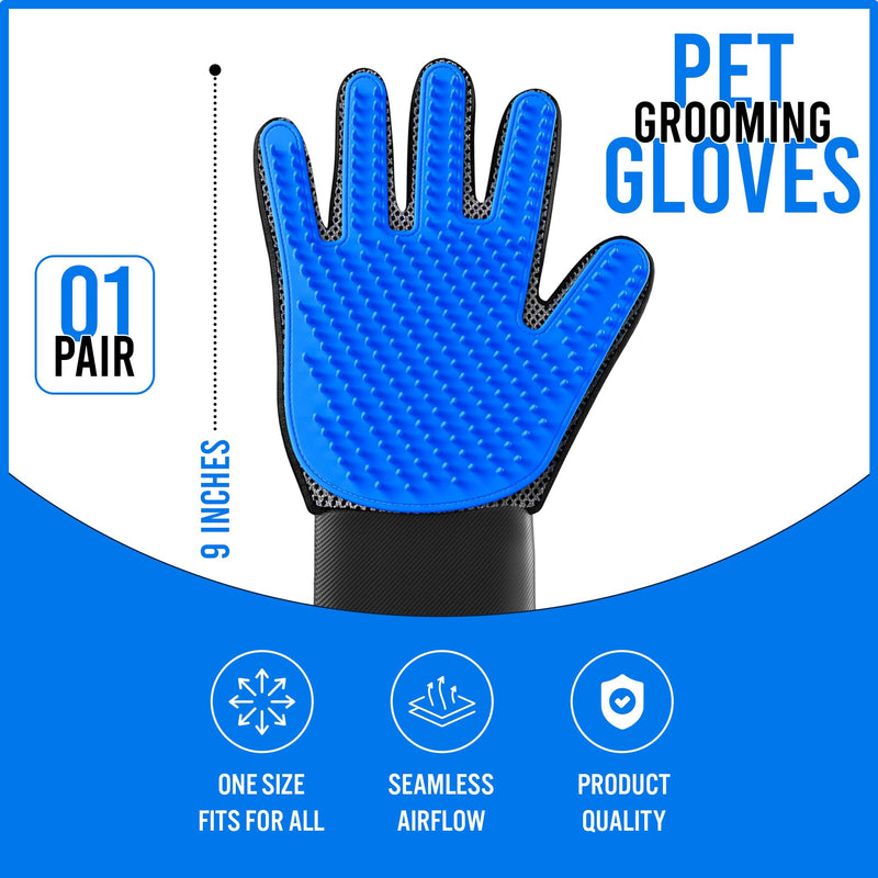 Blue Pet Hair Remover Gloves - 1 Pair, Pet Grooming Gloves | Cat Hair Remover | Gentle Deshedding Brushes for Dogs, Cats & Horses | Dog Washing Gloves - PawsPlanet Australia