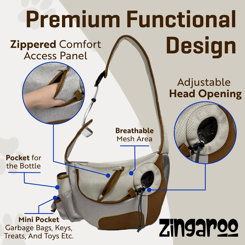 Hands-Free Sling Pet Carrier for Cats and Small Dogs up to 12lbs – Travel Set Includes Foldable Water Bowl & ID Card – Breathable Mesh, Safety Hook & Adjustable Padded Strap for Walking & Travel Beige - PawsPlanet Australia