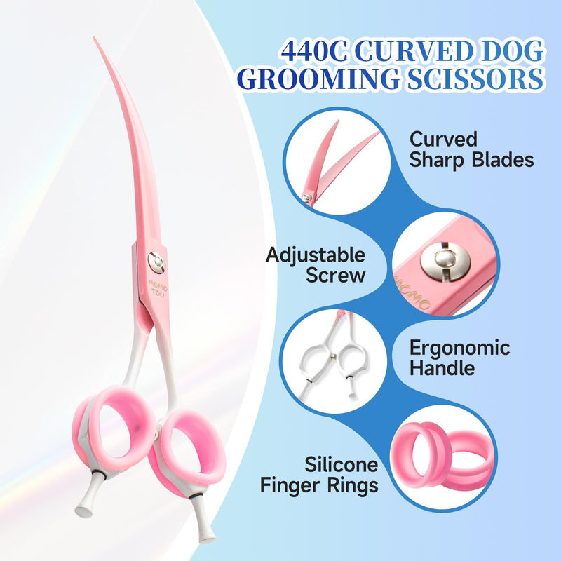 Curved Dog Grooming Scissors Pink to White Gradient 440C Stainless Steel Pet Grooming Shears Sharp Durable Dog Shears for Professional or Home Use Ergonomic Handle with 2 Silicone Finger Rings - PawsPlanet Australia