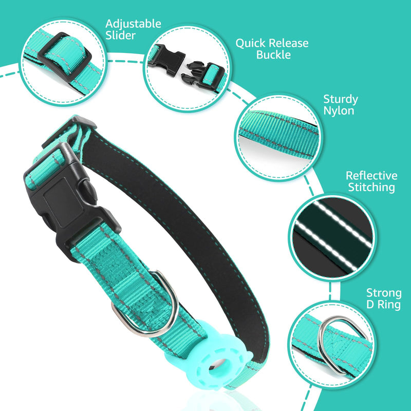 Kuley AirTag Dog Collar and Reflective Leash Set Bundle with Airtag Holder Case,Adjustable Padded Nylon Pet Collar for Small Medium Large Dogs(Teal, Small) Teal
