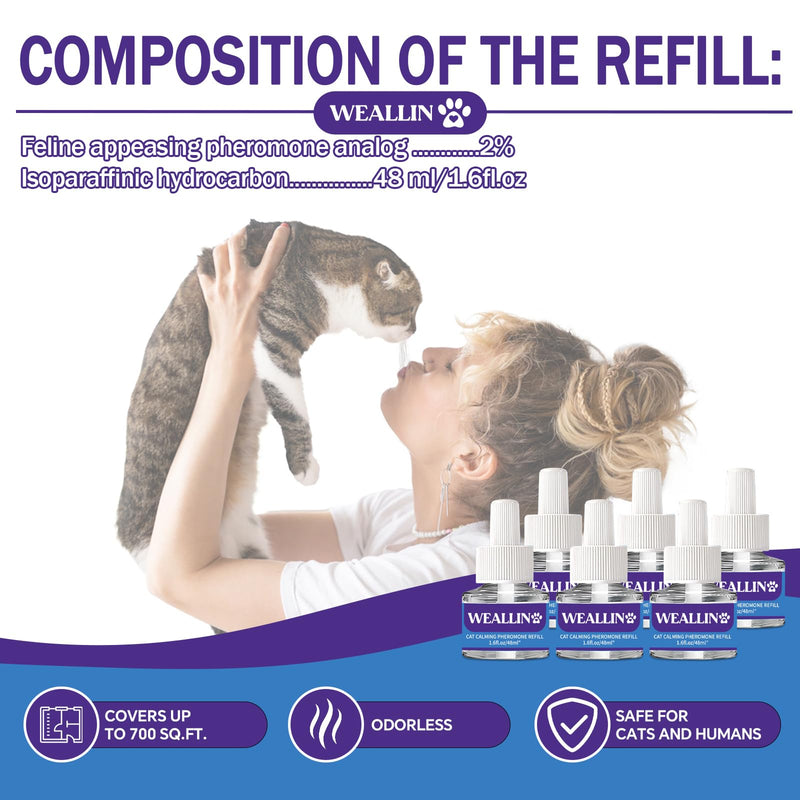 6 Pack Cat Calming Diffuser Refills - Cat Pheromones Calming Diffuser Refill Relieve Anxiety & Stress 6 Month Supply, Cat Pheromone Diffuser Refills (Fits All Common Diffuser Heads)