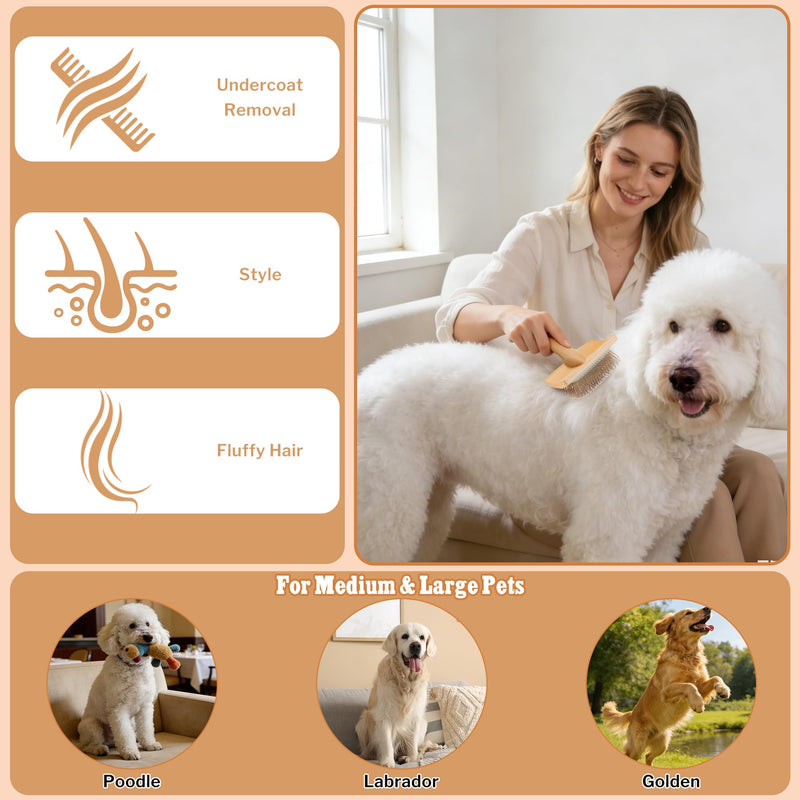 Slicker Brush for Dogs & Cats, Professional Pet Grooming Brush (Goldendoodles, Poodles, Labradoodles) Natural Beech Wood Ergonomic Handle Remove Tangles, Knots and Mats - Large