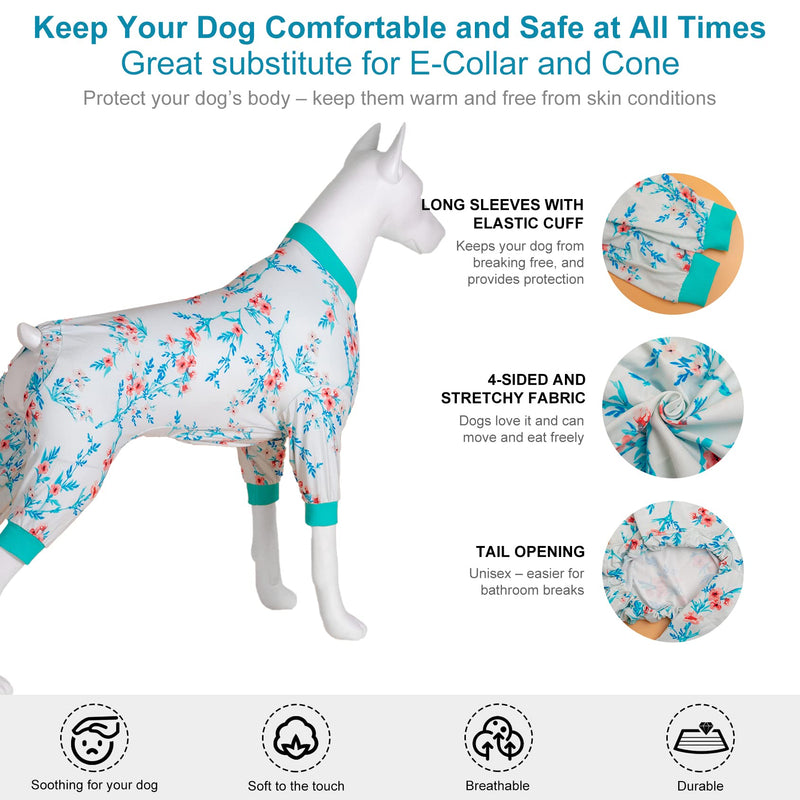 LovinPet Large Big Bodysuit for Dogs - Post Surgery Protection Dog Pjs,4 Legged Coverage Dog Onesie,Stretchable Lightweight, Bubbles and Floral White&Teal Print,Undershirt for Dog Sweaters,Blue Large White/Blue collar