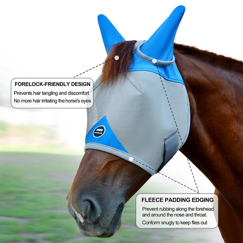 Horse Fly Mask, Adjustable Fly Masks for Horses with Ears, Breathable and UV Protection, Comfort Mesh Without Nose Cover, Horses Accessories (Grey, Blue, Extra Large) - PawsPlanet Australia