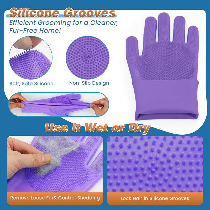 7PCS Dog Bath Brush | Pet Grooming Gloves | Storage Bag | Soothing Massage Rubber Comb with Adjustable Ring Handle | Pet Bathing for Dogs and Cats (Lavender Purple) Lavender Purple - PawsPlanet Australia