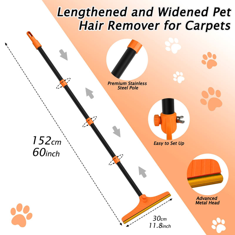 Carpet Rake for Pet Hair Removal - Reusable Pet Hair Remover, 60” Adjustable Long Handle Cat Dog Carpet Rake Scraper, Dog Hair Rake Brush for Rugs, Mats, Couch 60” Orange - PawsPlanet Australia
