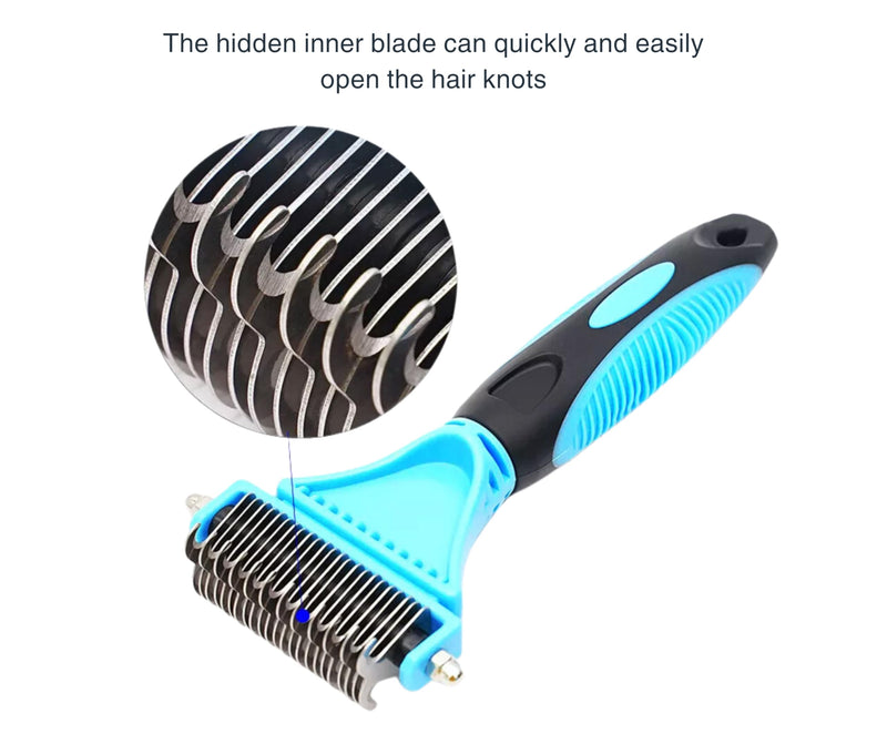 3-in 1 Dog & Cat Grooming Supplies- Self-cleaning Slicker Brush, Deshedding Rake Comb, And Finger Toothbrush For Dogs & Cats | Perfect For Pet Grooming Kit, Dematting And Dental Tool (blue) blue - PawsPlanet Australia