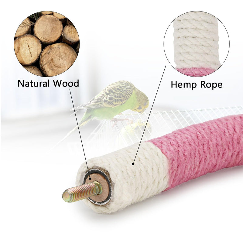 Hypeety Bird Perches Parrot U Shape Natural Wood Hemp Rope Stand Perch Bird Stick Paw Grinding Perch Birdcage Accessories Perch Standing Toy for Budgies Parakeet Cockatiel Conures Pink 7.4x5.9'' - PawsPlanet Australia