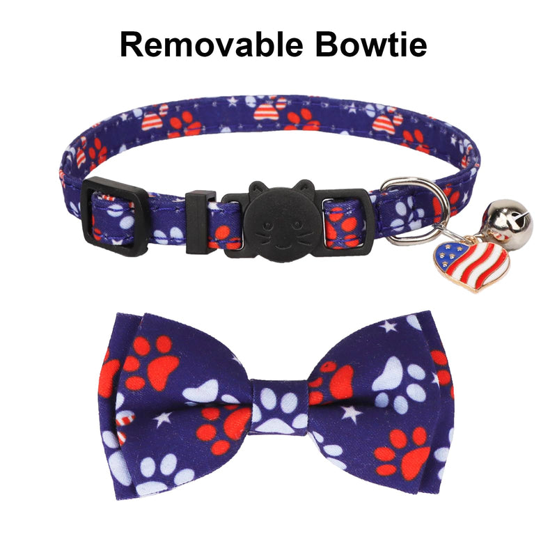 American Flag Cat Collar Breakaway with Cute Bow Tie Bell, 4th of July Cat Bandana Collar, Patriotic Cat Bowtie Collars for Cats Kittens (Blue) Blue