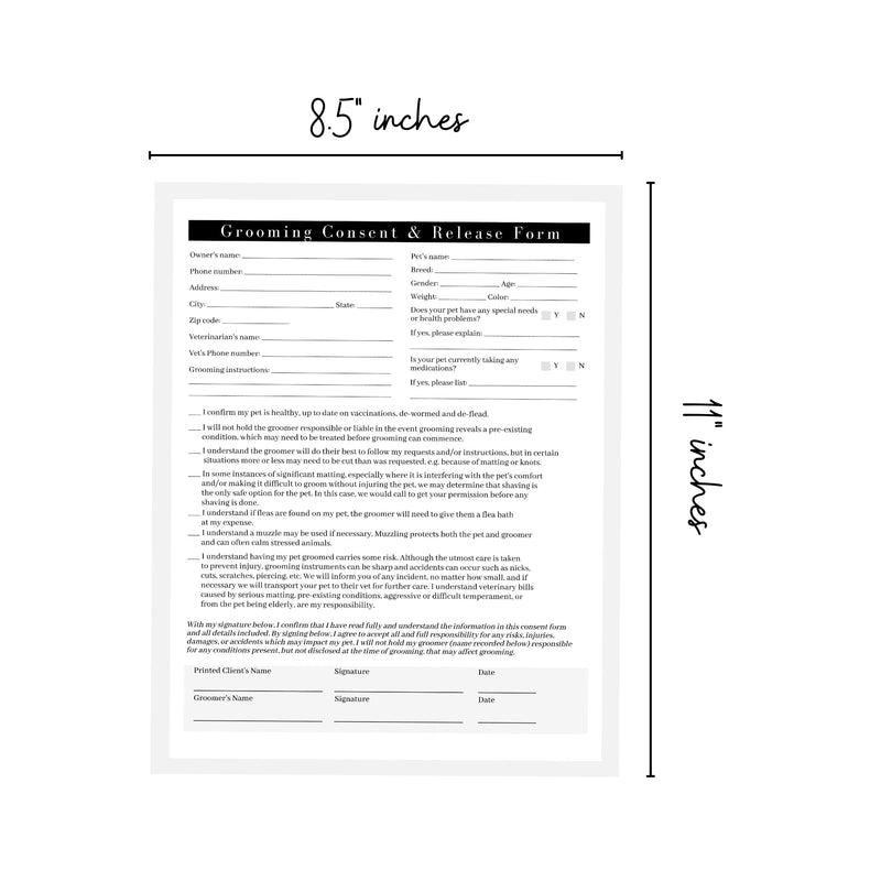 Pet Grooming Intake Forms, Consent & Release, Matted Coat Clip-Off Agreement, Pet Report Card | 50 pk, 25 of each, dbl sided | 8.5x11” Groomer Signature Client Grooming Tips Black and White Minimalist - PawsPlanet Australia