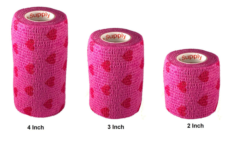 Vet Wrap Wrap Tape (Pink with Hearts) (2 Pack) (3 Inch x 15 feet) Self Adhesive Adherent Adhering Cohesive Flex Self Stick Bandage Grip Roll Dog Cat Pet Horse 2 Rolls