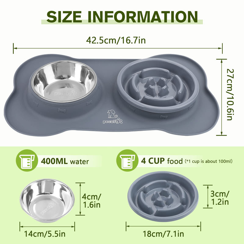 Pecute Slow Feeder Dog Bowls to Slow Down Eating, Dog Bowl Slow Feeder with No-Spill Non-Skid Silicone Mat, Food-Grade Safe Dog Food Bowls Slow Feeder, Stainless Steel Dog Water Bowl for Dogs Cats Medium-1¾ Cup/13.5 oz each Grey - PawsPlanet Australia