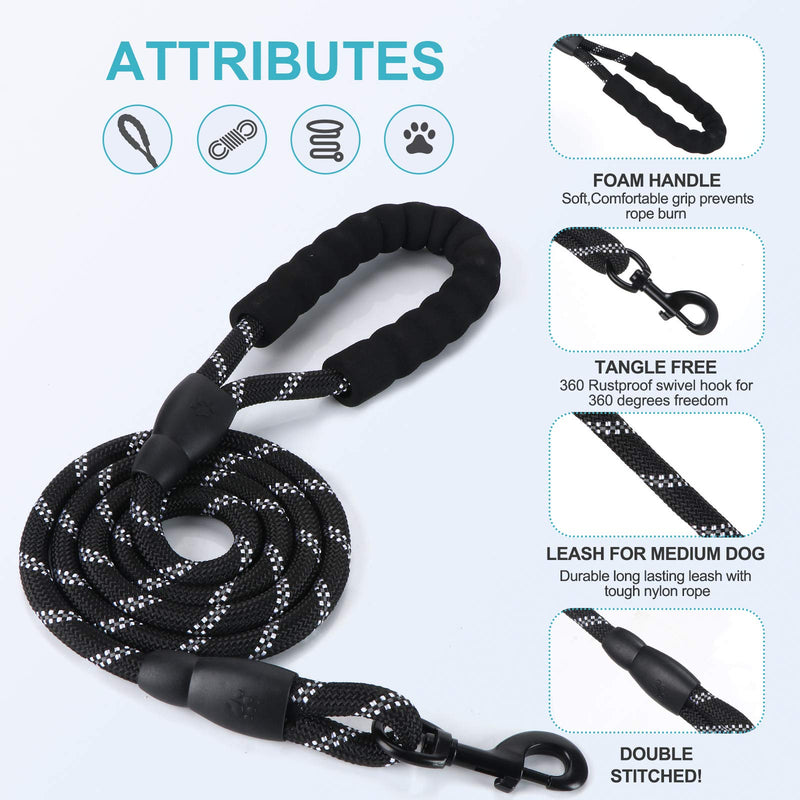 5ft 1/2in Heavy Duty Black Dog Leash for Large Dogs & Medium Size Dogs - Highly Reflective Heavy Duty Dog Rope Leash with Soft Padded Anti-Slip Handle- for 18-120 lbs Dogs 1/2" x 5 FT(18~120 lbs.) - PawsPlanet Australia