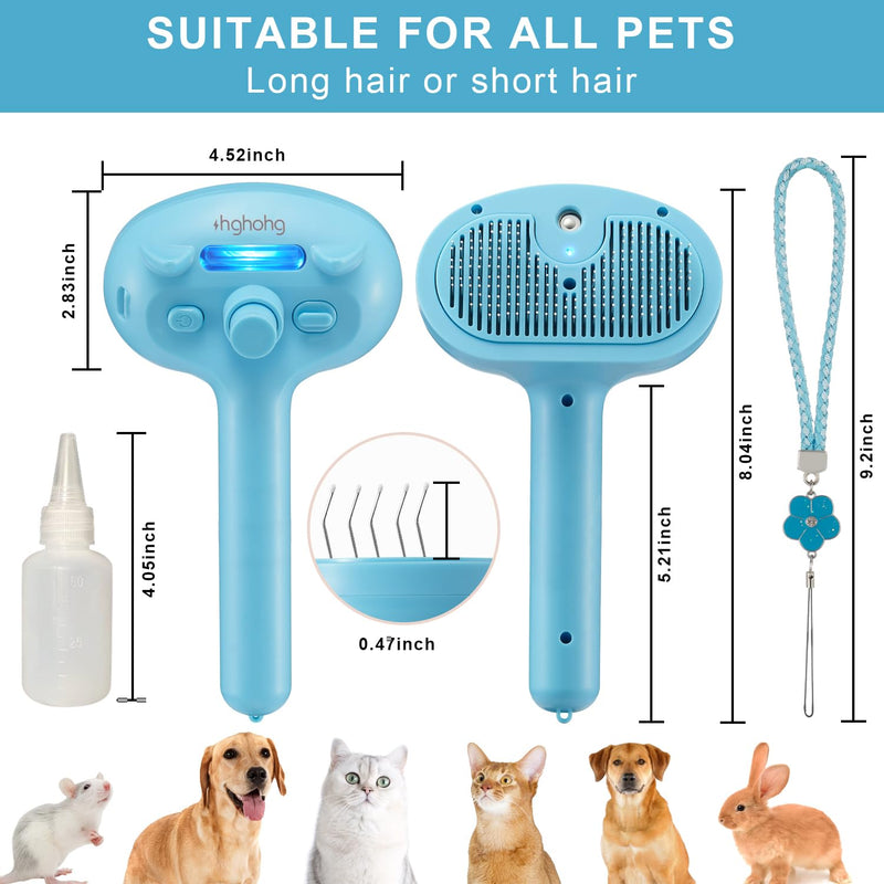 Pet Steam Hair Comb Brush for Shedding, 4 In 1 Spray Brush for Long & Short Haired Cat&Dog, Self-Cleaning Hair Remover with Water Tank And LED Blue Light, Release Button(Blue) - PawsPlanet Australia