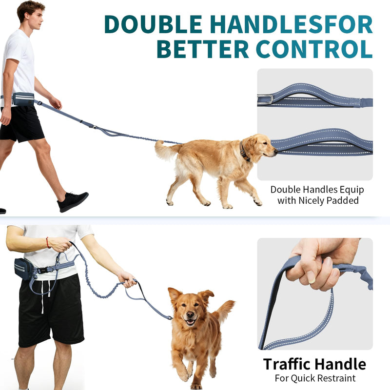 Hands Free Dog Leash with Removable Zipper Pouch, Dual Padded Handles and Durable Bungee for Walking, Jogging and Running-Navy Blue Navy Blue - PawsPlanet Australia