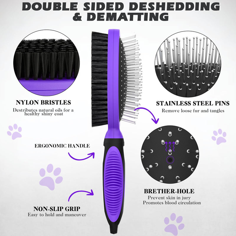 2PCS Pet Grooming Tools - Double-Sided Brush for Shedding and Bathing, Suitable for Short/Long Haired Dogs Cats and Horses, Deshedding Dog Brush, Mane & Tail Combs for Horses - Pet Supplies (Purple) Purple - PawsPlanet Australia