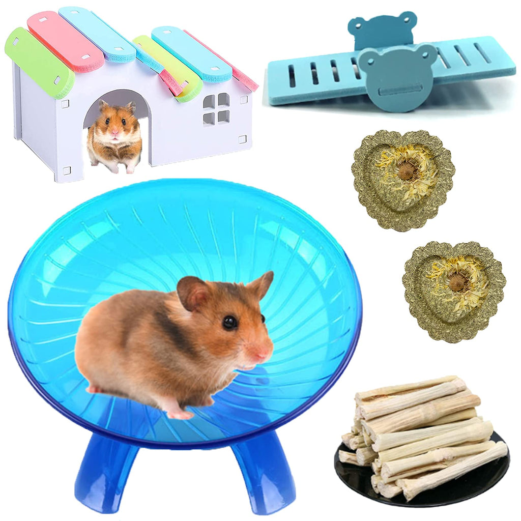 Hamiledyi Hamsters Flying Saucer Silent Running Exercise Wheels 10 Pcs Wooden Rainbow Gerbil House with Seesaw Small Animal Chew Toys for Teeth Care Molar Grass Cake Sweet Bamboo Snacks for Dwarf Mice