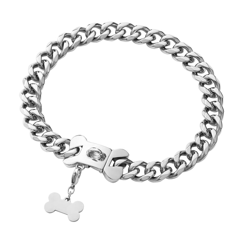 Stainless Steel Cuban Silver Link Heavy Duty Necklace Dog Collar for Small Medium Large Dogs, American Bully French Bulldog Dog Collar with CZ Luxury Safety Personalized Dog Tag Buckle Silver 12 Inch (Pack of 1) - PawsPlanet Australia