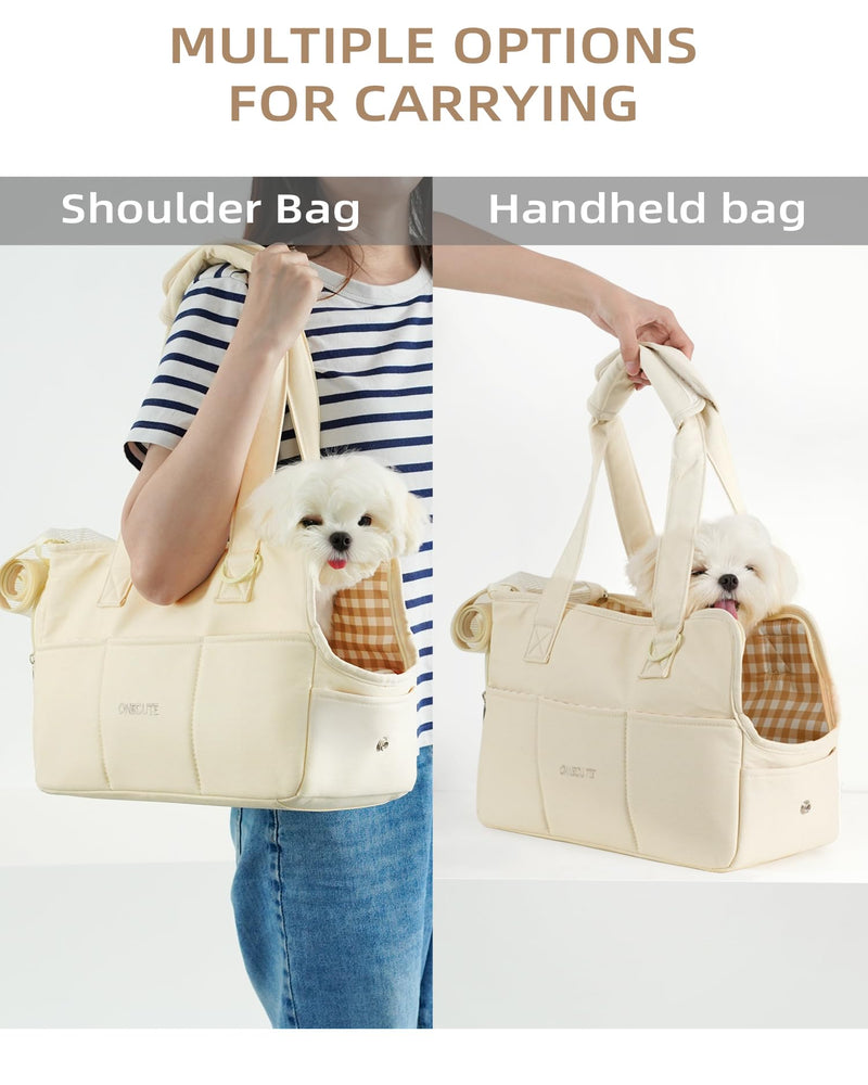 Dog Carrier for Small Dogs Rabbit cat with Large Pockets, Cotton Bag, Dog Carrier Soft Sided, Collapsible Travel Puppy Carrier (Beige, 17" L x 7.5" W x 12" H) 17.0"L x 7.5"W x 12.0"H Beige - PawsPlanet Australia