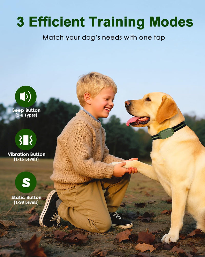 Shock Collar for Dogs, IP67 Waterproof Dog Training Collar with Remote Control, 3 Modes: Beep, Vibration, Safe Static, Rechargeable Adjustable for 15-110lbs Medium Large Dogs Green