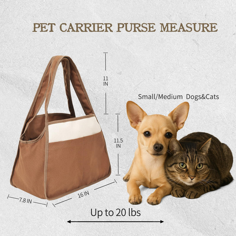 Dog Cat Purse Carrier for Small Pets, Dog Carrier with Secure Harness Clip, Zipper Closure Small Dog Cat Bag Carrier for Pets-Brown, Up to 15 Lbs Brown