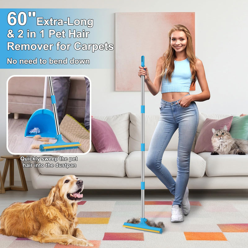 3 in 1 Carpet Rake for Pet Hair Removal, Reusable Pet Hair Remover Broom, 60'' Adjustable Long Handle Dog and Cat Hair Remover Tool Set of 3, Lint Remover Scraper for Carpets, Rugs, Mats, Couch, Car 60inch Blue - PawsPlanet Australia