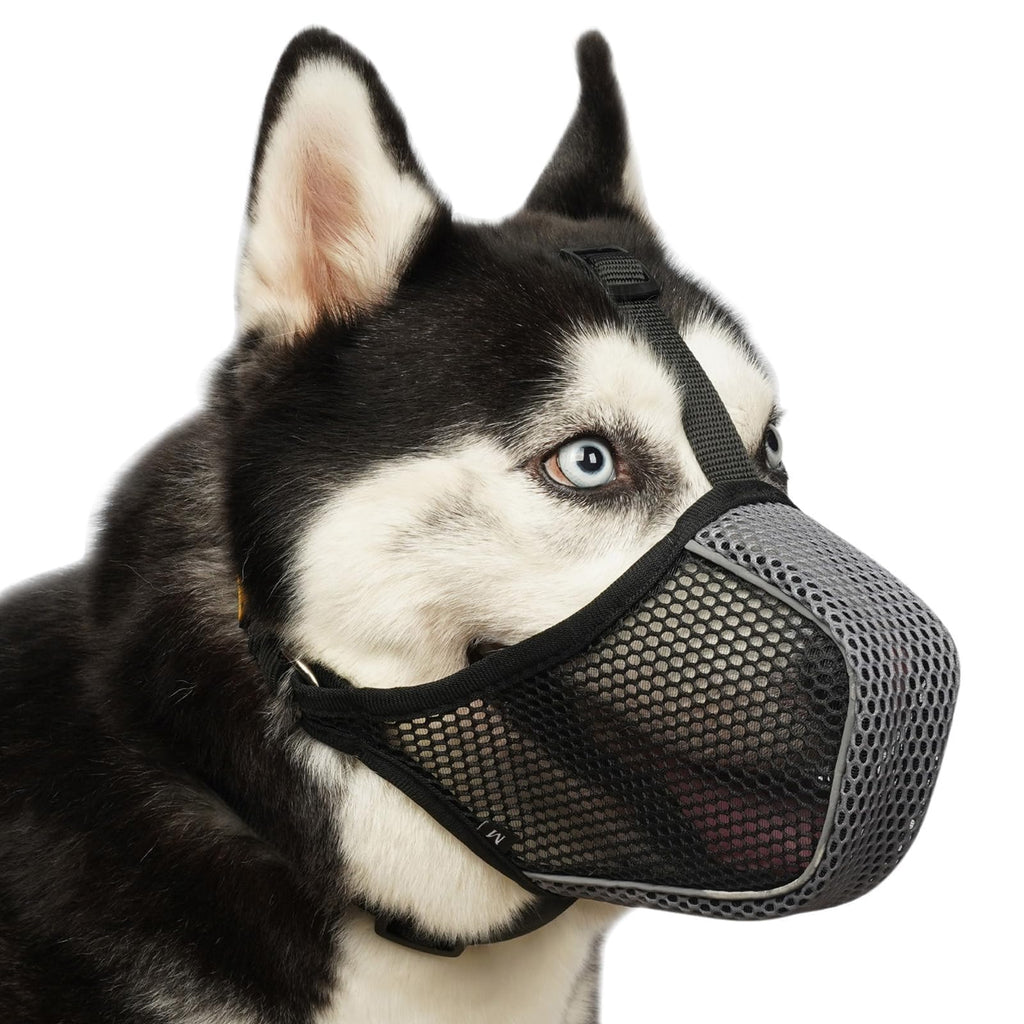 Mayerzon Dog Muzzle, Mesh Soft Muzzle for Large Medium Small Dogs for Scavenging Grooming Biting Chewing, Breathable Reflective Doberman Husky Muzzle with Collar for Labrador Retriever Poodle Black/Grey L-(Snout:10¾"-12")