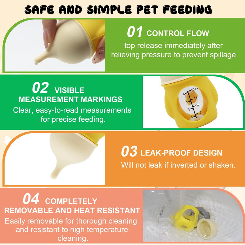 Pet Feeder Bottle Animal Feeding Bottles Kitten Bottles for Nursing Anti-Choking Design for Newborn Kittens Puppies Small Animals with 2 Pcs Replacement Nipple (Yellow, 20 ml) Yellow - PawsPlanet Australia