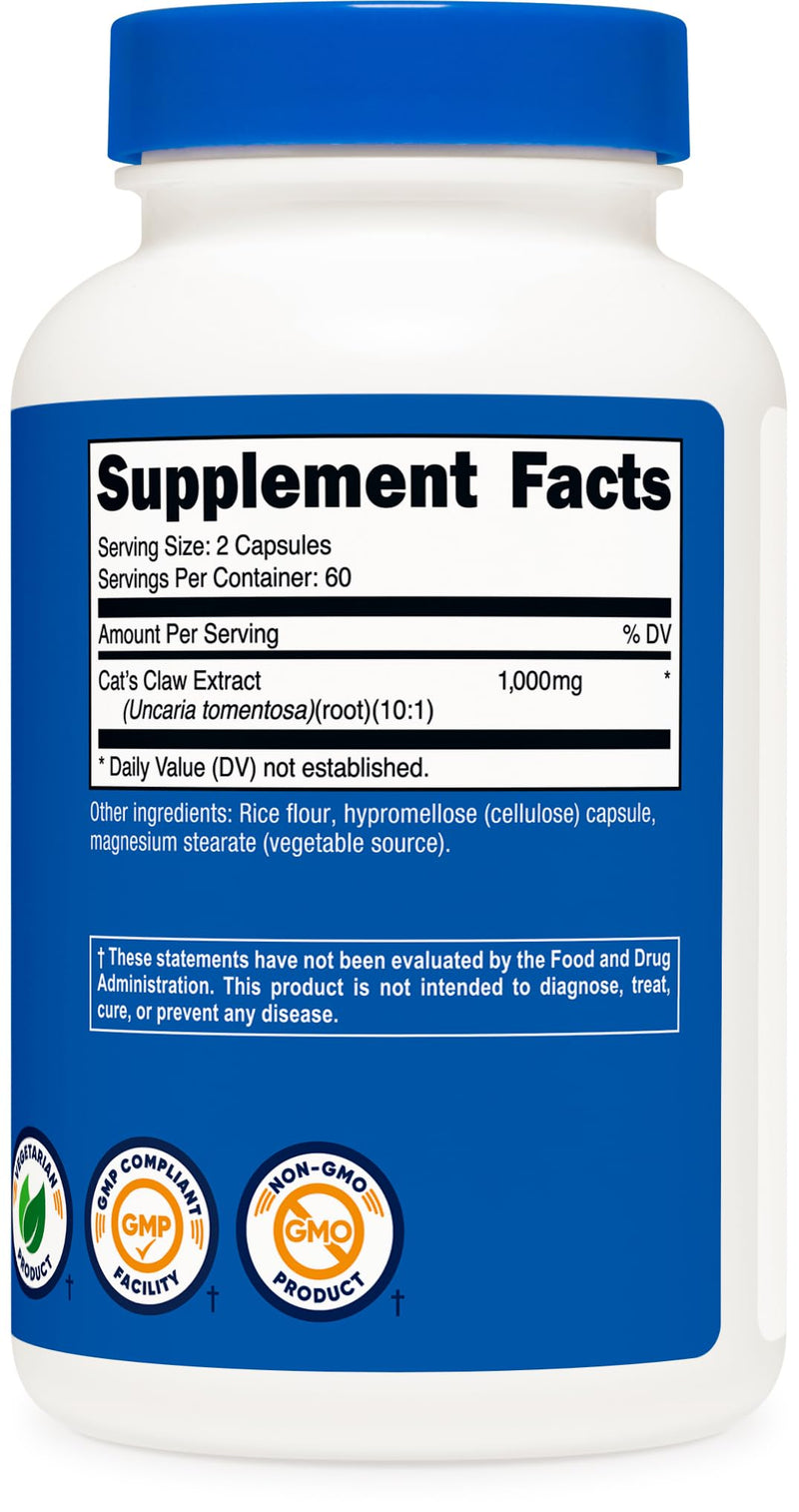 Nutricost Cat's Claw 1000mg, 120 Capsules - Vegetarian Caps, Non-GMO and Gluten Free, 60 Servings - PawsPlanet Australia