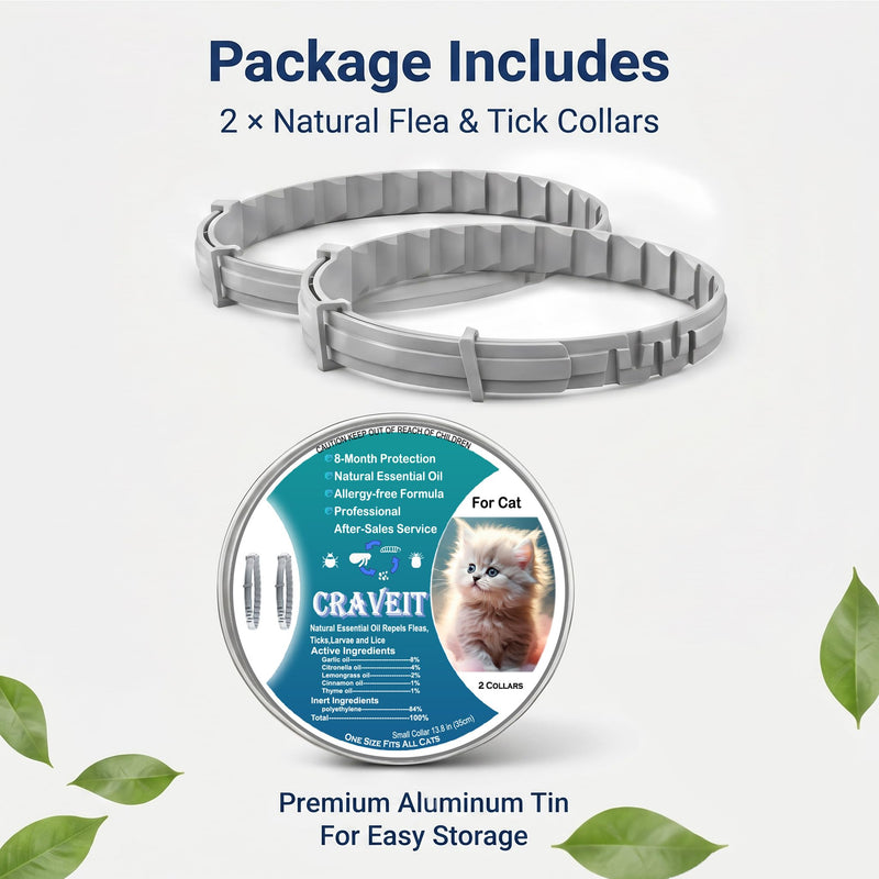 Craveit Cat Flea Collar, 2 Pack Flea Collar for Cats, Gentle Plant-Based Tick Repellent for cat, Waterproof & Adjustable, 8-Month Long-Lasting Defense