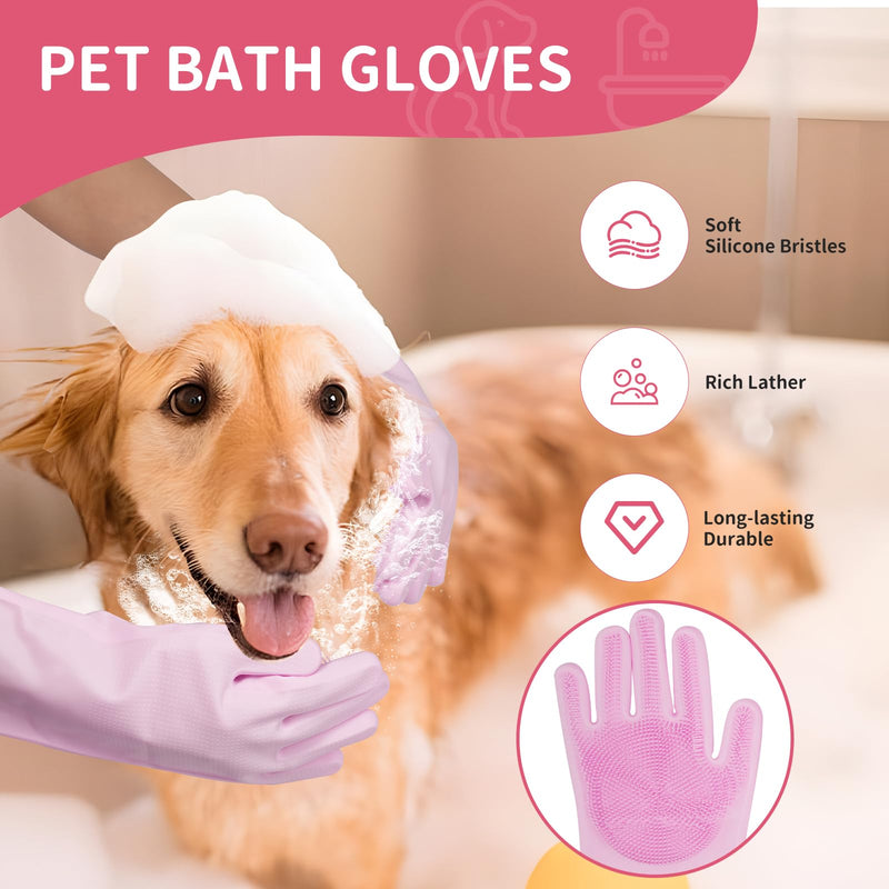 Dog Bath Supplies, Bath Grooming Kit with Storage Bag - Self Cleaning Slicker Brush, Shampoo Brush & Scrubber, Dog Grooming Gloves for Short & Long Haired Dogs & Cats (6 PCS) Premium2.0 Pink