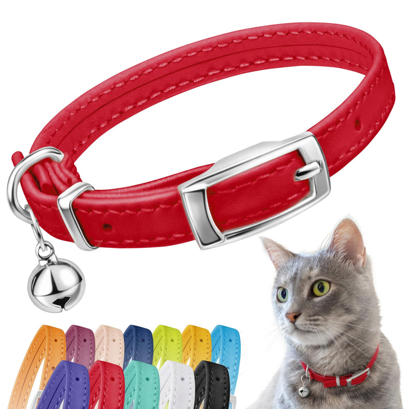 CollarDirect Leather Cat Collar with Removable Bell – Safety Elastic Strap (Breakaway Alternative) – Kitten Collar for Small & Big Boy & Girl Cats Red Neck Fit 6"-7"