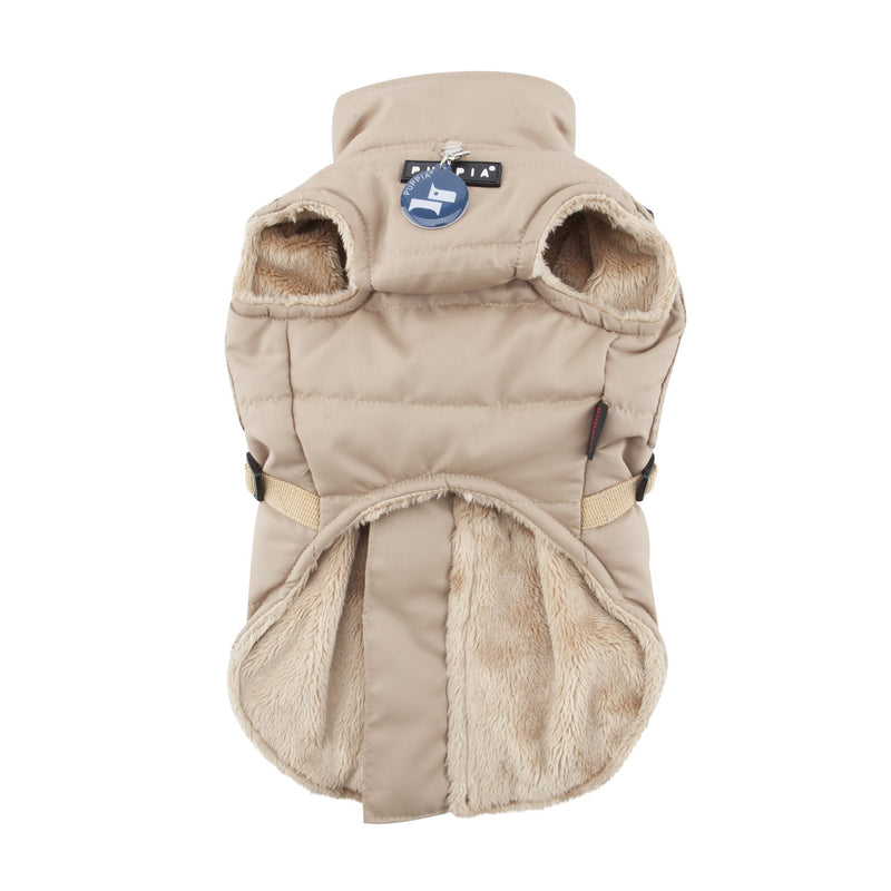 Puppia Wilkes Winter Dog Coat with Integrated Harness No Pull Cold Weather Waterproof Warm Fleece Back Zipper for Small & Medium Dog, Beige, Large