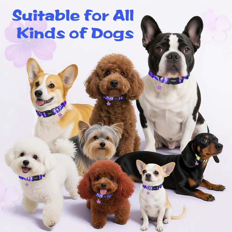 Kazazoo Dog Collar Cute and Soft Nylon Puppy Collar Girl, Adjustable Dog Collars for Small Medium Dogs, Purple Flowers-S S