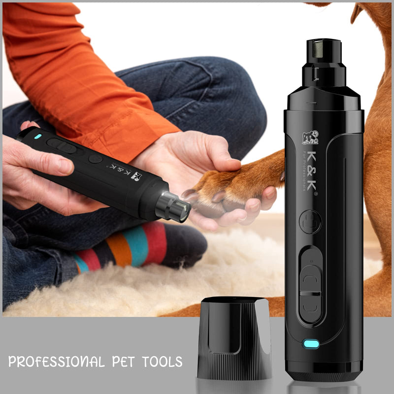 K&K Dog Nail Grinder with 2 LED Light for Large Medium Small Dogs Professional 2-Speed Powerful Electric pet Nail Clipper which Gentle and Painless Paws Grooming & Smoothing Tool (Black) Black - PawsPlanet Australia