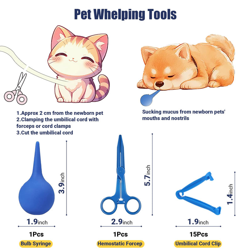 Puppy Kitten Whelping Kit, Newborn Dogs Cats Pet Whelping Kit with 6P Record Keeping Charts, 15P Pet ID Collars, 1P Aspirator Bulb, 15P Umbilical Cord Clip, 1P Hemostatic Forcep - PawsPlanet Australia