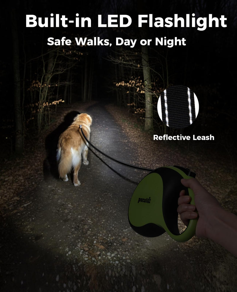 Retractable Dog Leash with Flashlight, 26ft Heavy Duty Retractable Pet Leash with Light, One-Button Control, Anti-Twist Protection, Reflective Leashes for Medium Large Pets Dogs Up to 110 lbs Green with LED light Large-26ft - PawsPlanet Australia