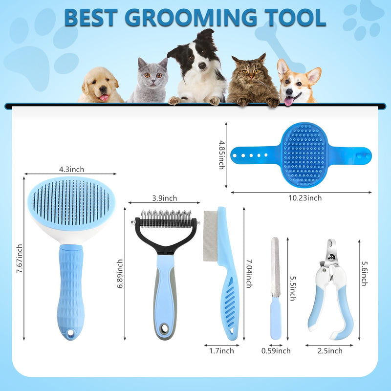 Dog Brush Dog Grooming Kit 6PCS Dog Brush for Shedding-Dog Brushes for Grooming, Dematting Comb for Dogs, Cat Nail Clipper with Nail File, Flea Comb, Bath Brush(Blue) Blue