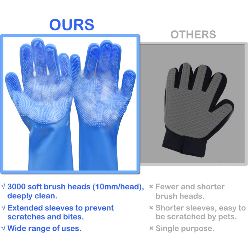 Pet Grooming Gloves, Dog Washing Gloves with High-Density Teeth, Heat Resistant Silicone Cat Hair Remover with Enhanced Five Finger Design, Bathing and Massaging for Dogs and Cats Blue