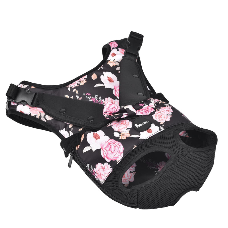 Petmolico Dog Carrier Backpack, Adjustbale Dog Front Backpack Legs Out Puppy Backpack for Small Medium Dogs Travelling Hiking Shopping Black with Peony - PawsPlanet Australia