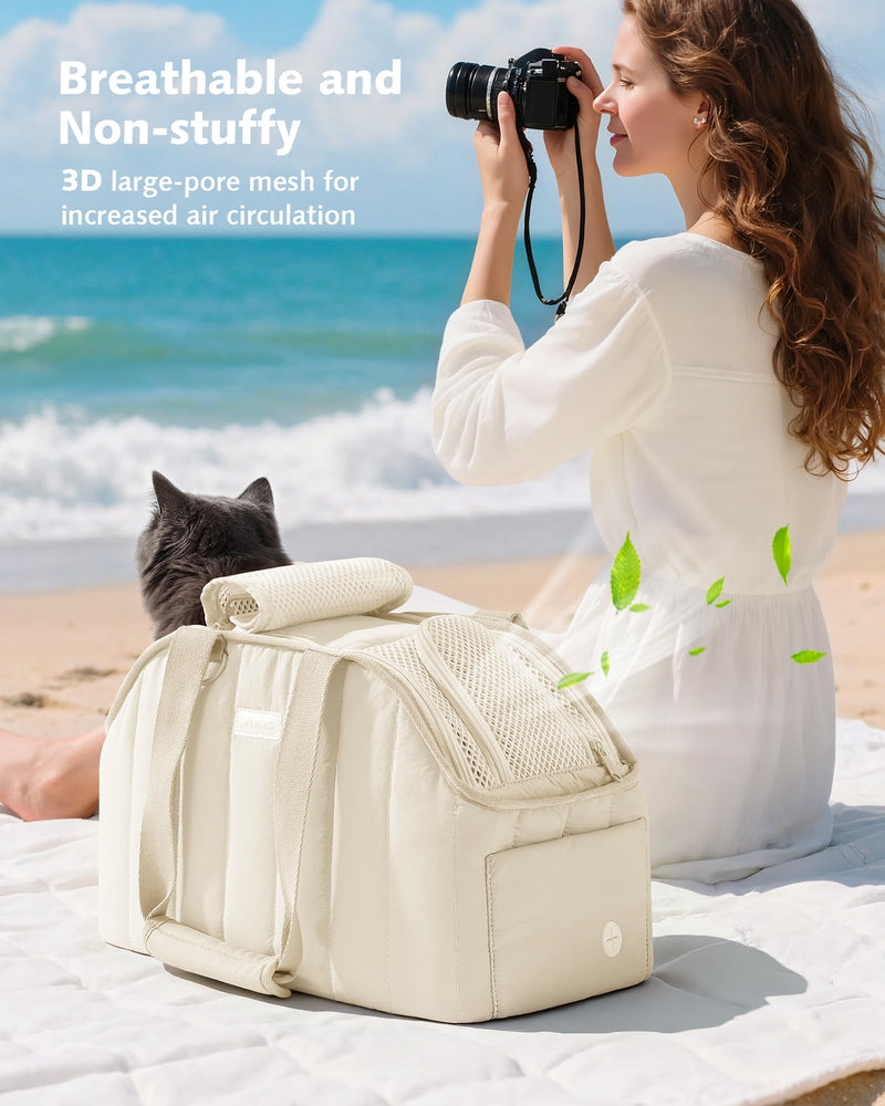 Pecute Cat Purse Carrier, Lightweight Cat Carriers for Small Cats with Large Pockets, Cat Soft-Sided Carriers up to 6.6lbs, Pet Carrier for Kitten, Suitable for Travel, Subway, Cream 16.9"L x 8.5"W x 10.6"H