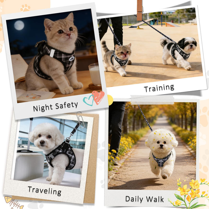 Gyuzh Small Dog Harness and Leash Set, 3-in-1 Step in No Pull Harness Vest Collar for Small Dogs & Cats, Lightweight Breathable Mesh Reflective Plaid with Padded Handle (Black, L) Black - PawsPlanet Australia