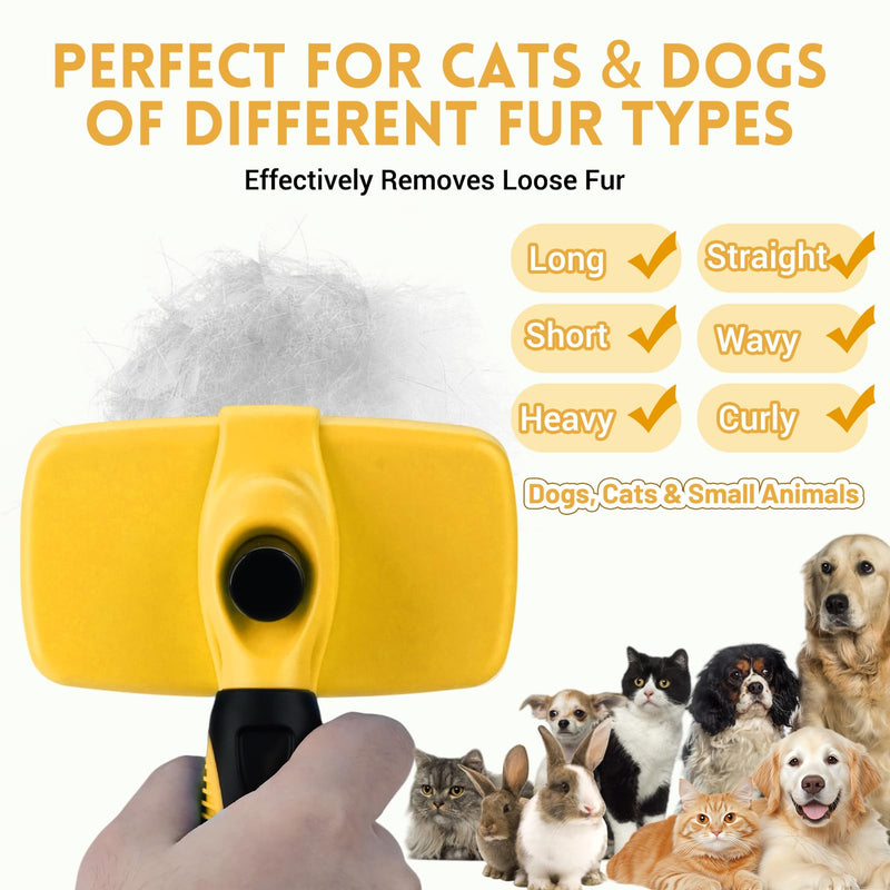 Large Self Cleaning Deshedding Brush for Dogs & Cats - One Button Hair Release Grooming Tool, Gentle Massage Brush for Long and Short Hair (Yellow) Yellow - PawsPlanet Australia