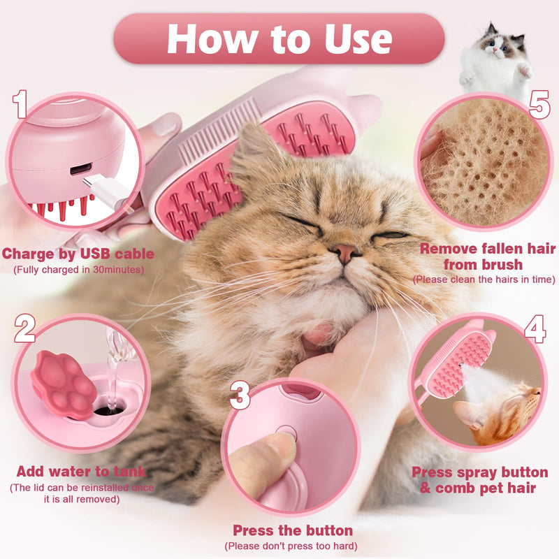 Cat Steam Brush for Shedding, Spritz Defur Comb 3 in 1 Pet Rechargeable Steam Brush Tool for Long and Short Haired Cats and Dogs, Anti-Static, Shedding, Detangling, Massage & Combing (pink) - PawsPlanet Australia