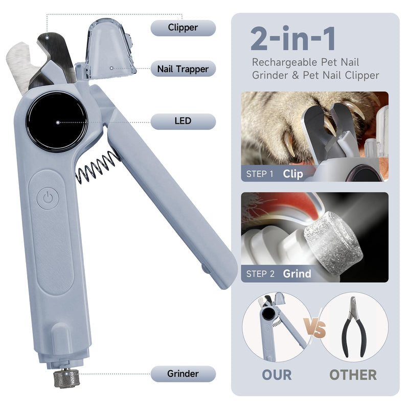 2-in-1 Dog Cat Nail Grinder & Clipper with LED Light, Pet Nail Clippers for Large Medium Puppy Dogs Ultra Quiet, Dog Cat Nail Trimmers with Splash Guard, Electric Dog Cat Claw Care File (Grey) Grey - PawsPlanet Australia