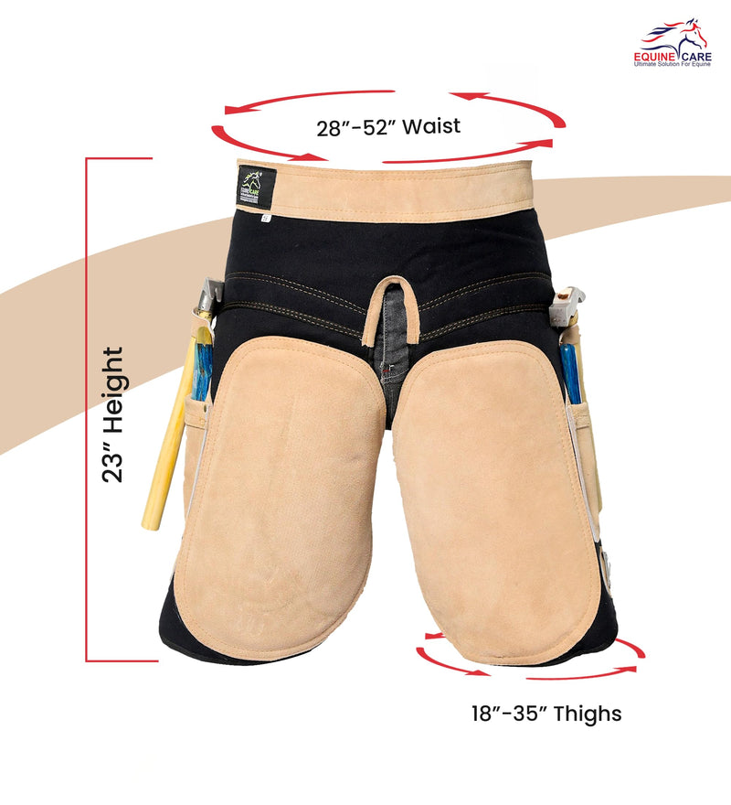 Equine Care Farrier Apron Chaps – 2mm Cowhide Suede Leather, 500 GSM Canvas, 23" Length, Adjustable Waist (28–52"), Ambidextrous Knife Pockets, Magnets & Loops – Horseshoeing & Hoof Trimming. Beige with Black