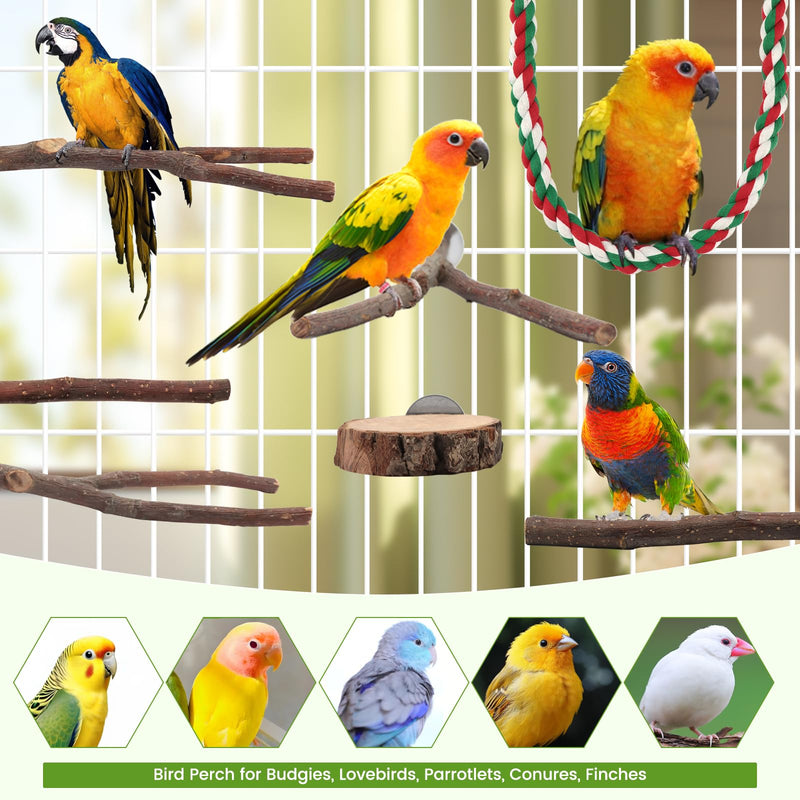 BILLIOTEAM 9PCS Apple Wood Bird Perches, Natural Parrot Stand & Chewing Toy with Multi-Branch, Straight Perch Stand, Platform & Climbing Rope, Cage Accessories for Parakeets, Cockatiels, Budgies