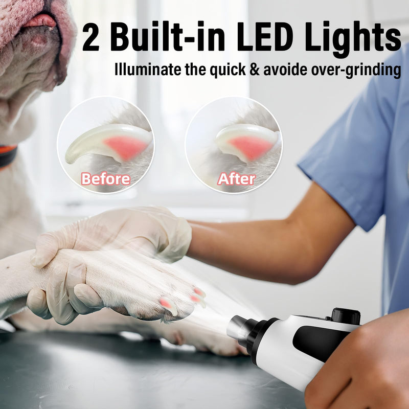 Casfuy Smart 6-Speed Dog Nail Grinder - 50% More Power Pet Nail Grinder with 2 LED Lights Quiet Rechargeable Electric Dog Nail Trimmers File Toenail Grinder for Large Medium Small Dogs & Cats (White) White - PawsPlanet Australia